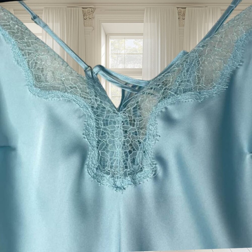 Victoria's Secret Medium Satin Side-Tie Teddy Romper Bodysuit Lace Blue - Picture 8 of 15